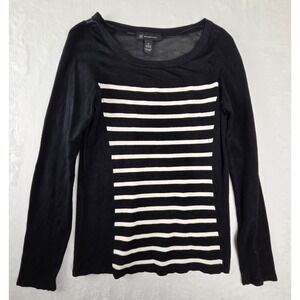 INC International Concepts Womens M Black Striped Mesh Yoke Long Sleeve Sweater